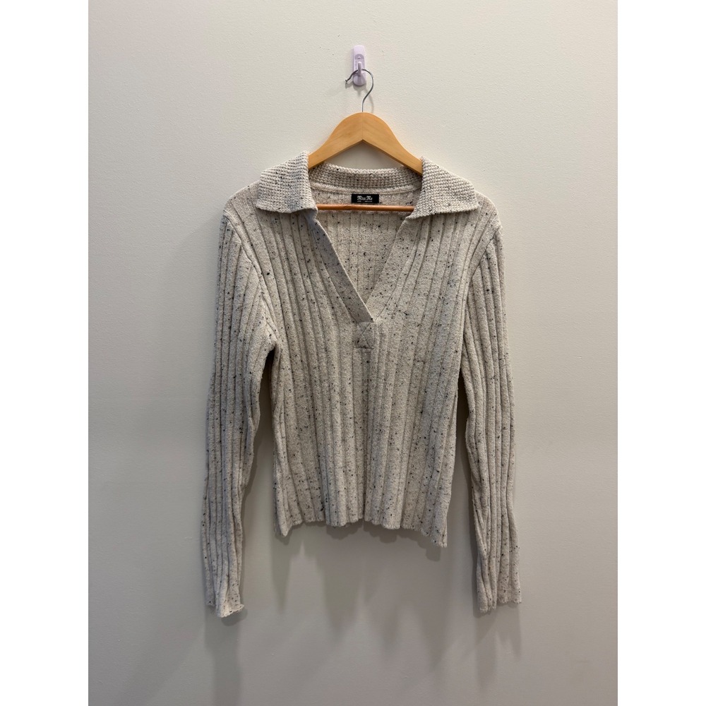 Miss Me Women's Large Cream Speckled Ribbed Collared V Neck Sweater